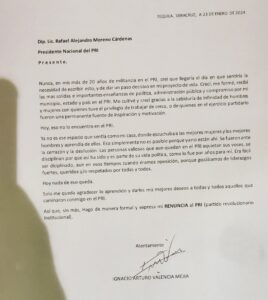 Anuncia Ignacio Valencia  su renuncia al PRI
